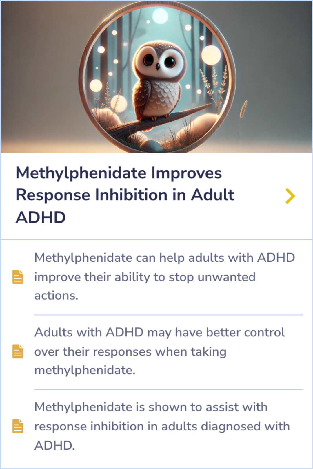 Summary card showing marked improvement in ADHD symptoms and social adjustment after long-term methylphenidate treatment.