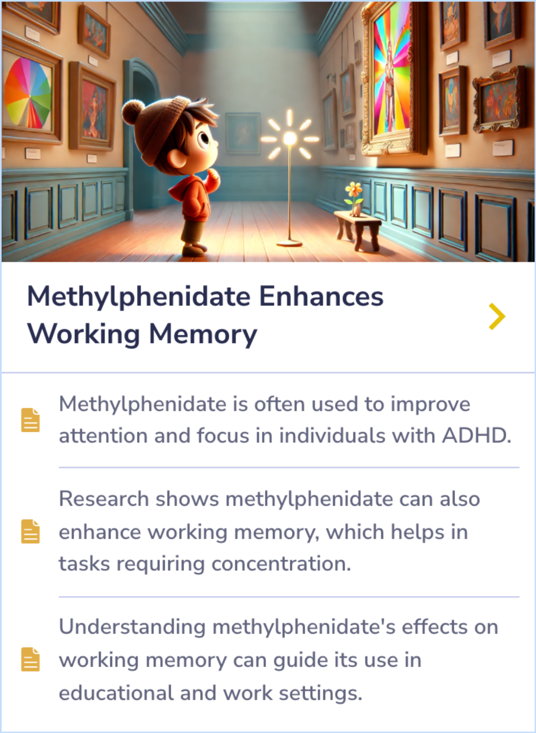 Summary Card detailing how the right inferior frontal cortex plays a role in controlling impulsive actions in adults with ADHD, highlighted through a comparison of response inhibition in unmedicated versus medicated individuals.