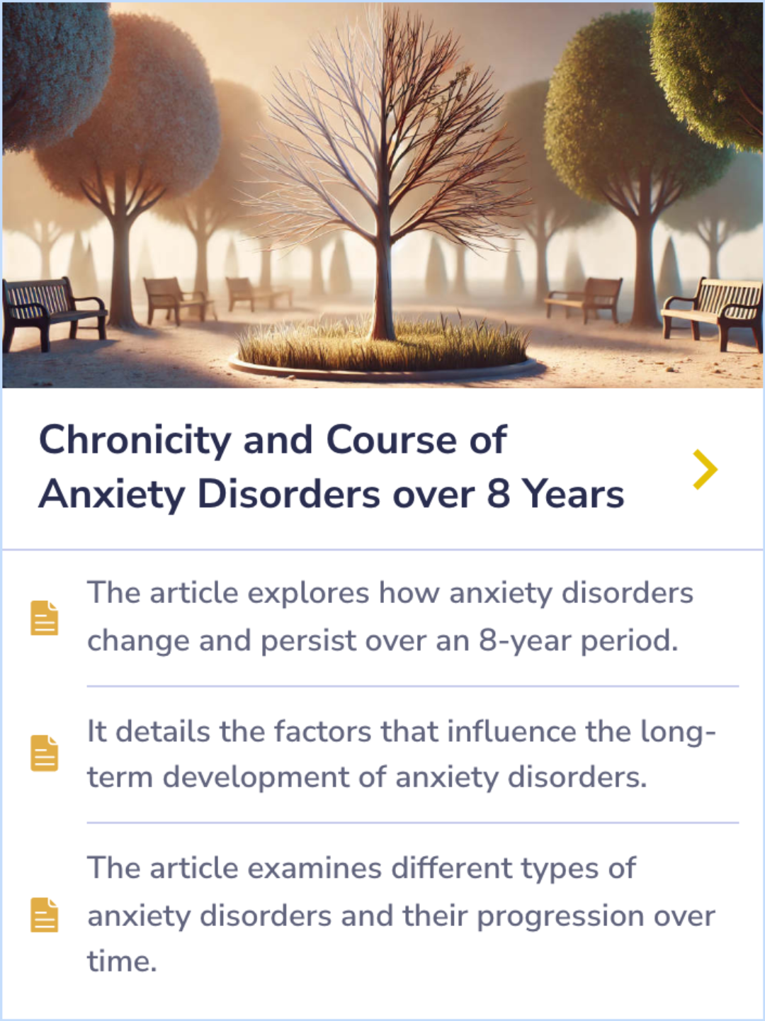 Summary Card exploring the long-term progression of anxiety disorders and the factors that influence their evolution over an 8-year span.