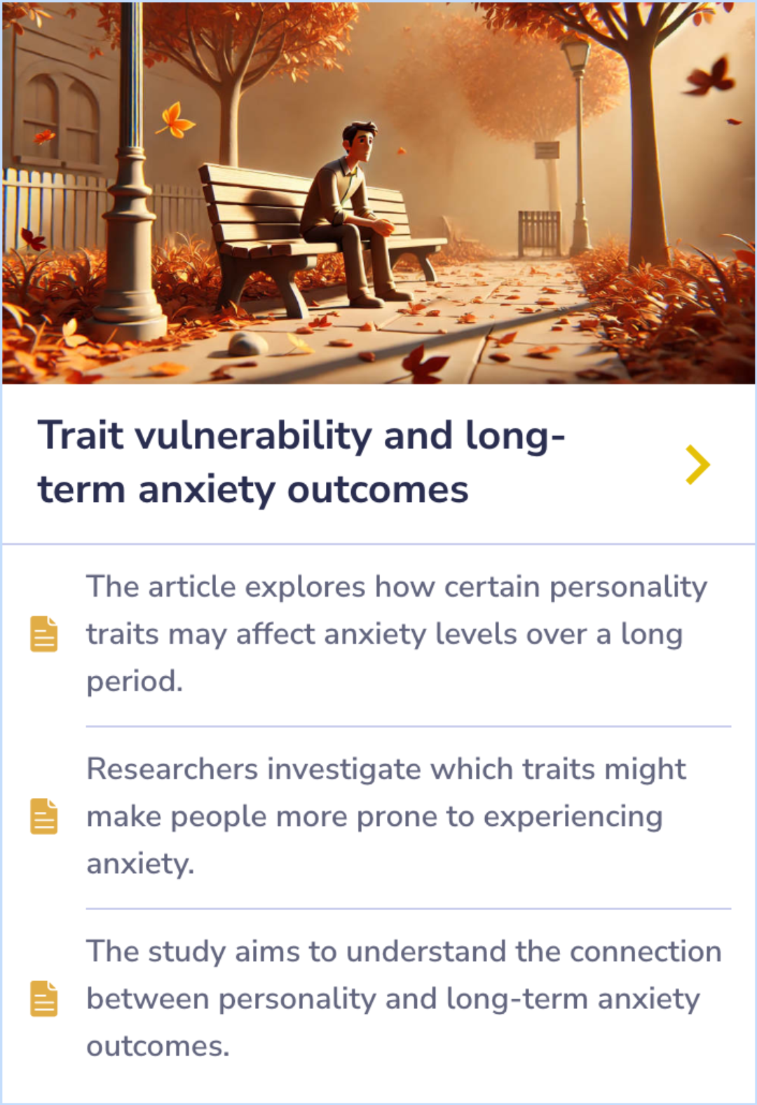 A summary card exploring how personality traits like sensitivity or resilience may influence long-term anxiety levels and vulnerability to chronic anxiety.