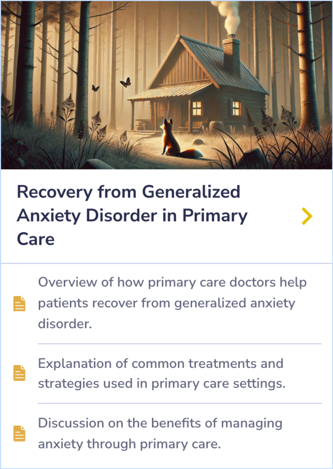 A summary card explaining how primary care doctors assist in treating generalized anxiety disorder using common strategies and treatments, emphasizing the benefits of anxiety management in a primary care setting.