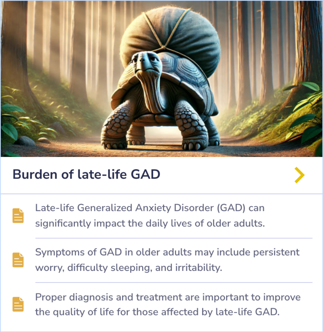 Summary Card discussing the impact of Generalized Anxiety Disorder on older adults, highlighting severe worry, sleep issues, and the importance of diagnosis and treatment.