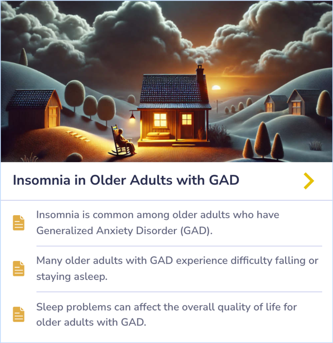 Summary Card explaining how insomnia affects older adults with GAD, highlighting difficulties in falling or staying asleep and its impact on quality of life.