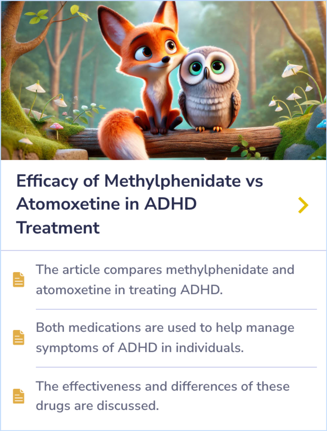 Interactive summary card comparing ADHD medications methylphenidate and atomoxetine, showcasing their effectiveness in symptom management.