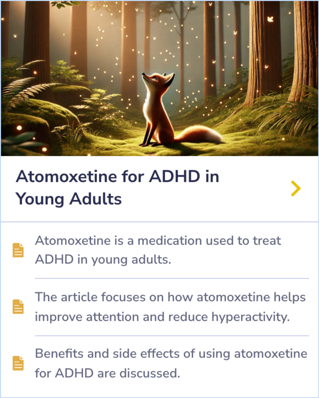 Summary Card reviewing atomoxetine's impact on improving attention and reducing hyperactivity in young adults with ADHD.