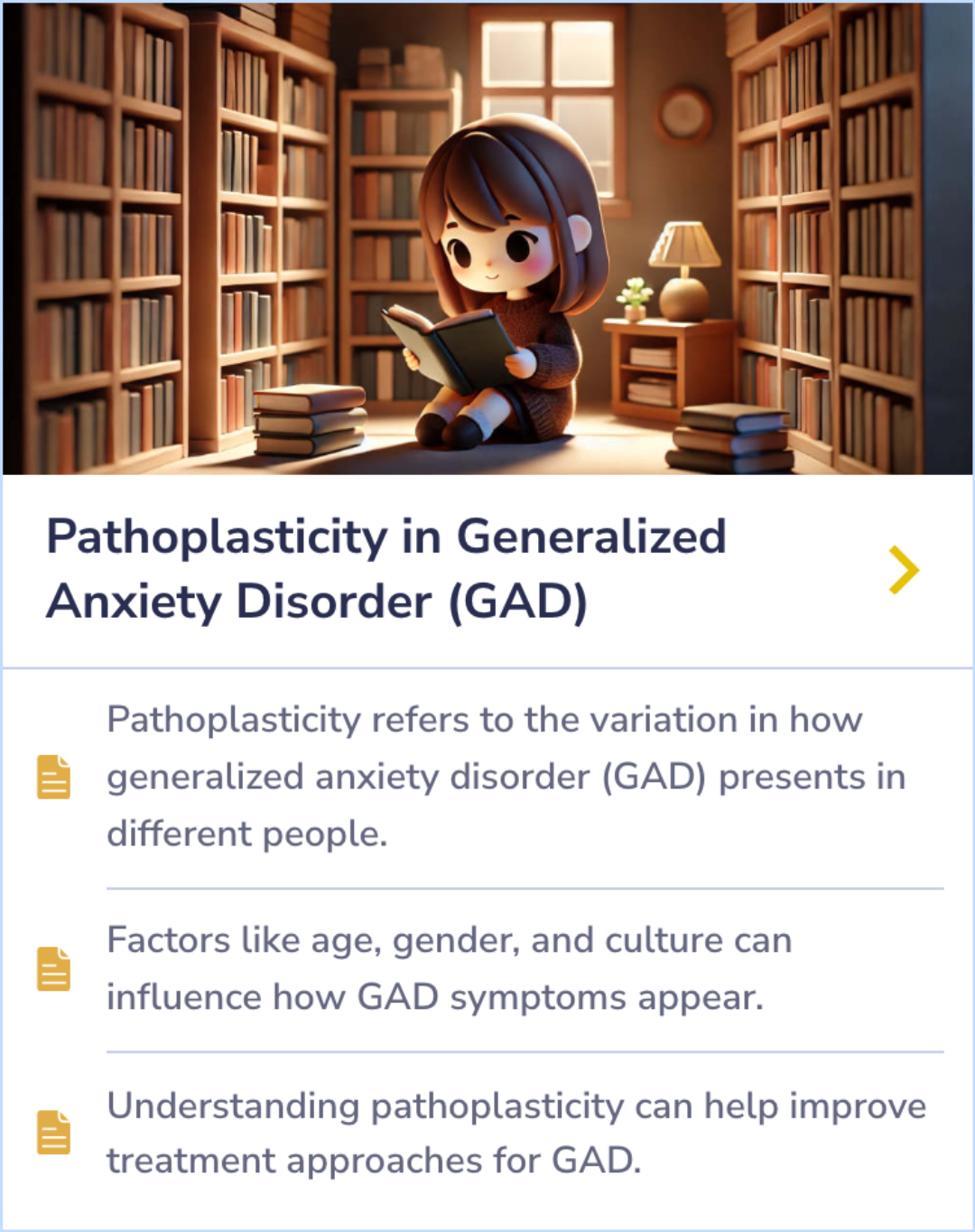 Summary Card exploring how the presentation of generalized anxiety disorder varies by age, gender, and culture, emphasizing the concept of pathoplasticity.