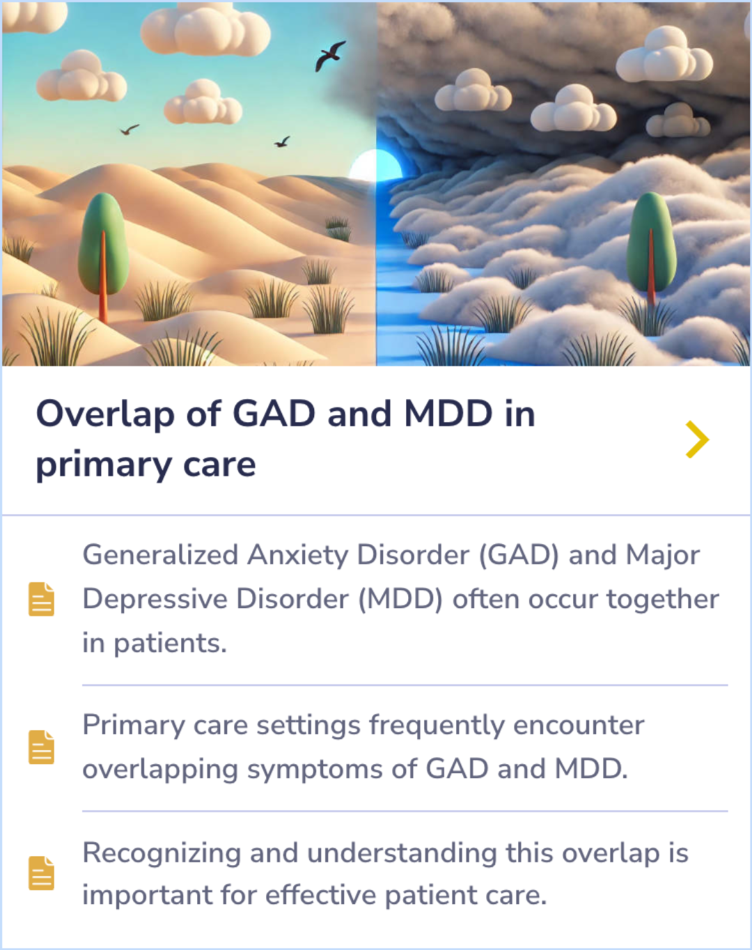 A summary card explaining how Generalized Anxiety Disorder and Major Depressive Disorder frequently overlap in patients seen in primary care, making treatment more comprehensive when both are recognized together.