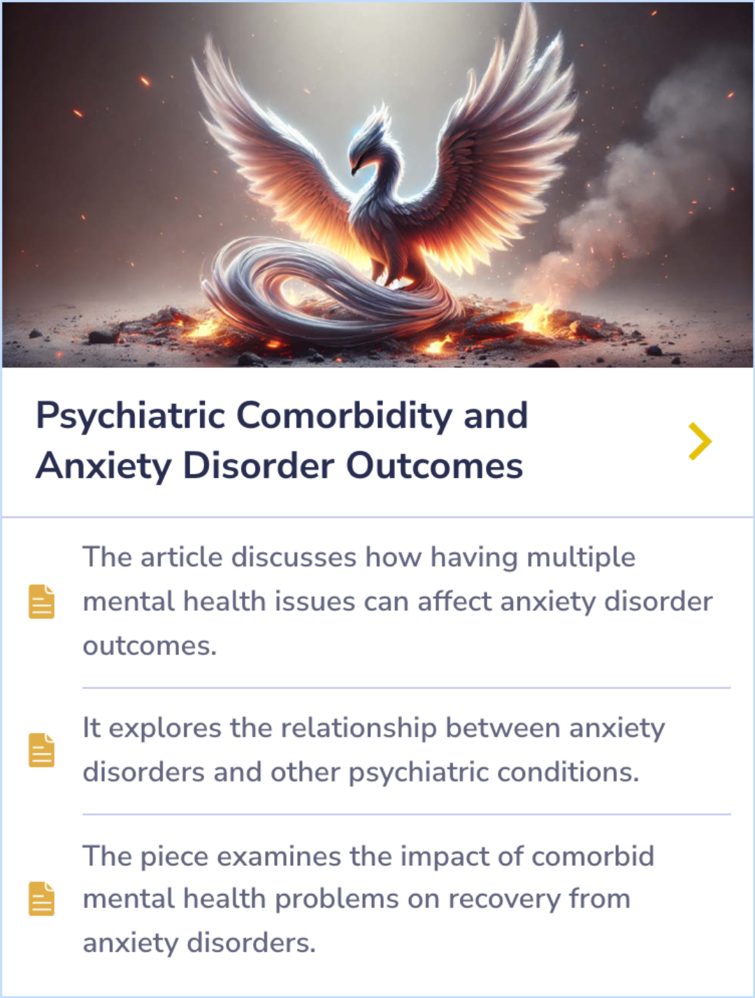 Card summarizing how comorbid psychiatric conditions influence anxiety disorder outcomes, highlighting effects on recovery and treatment complexity.