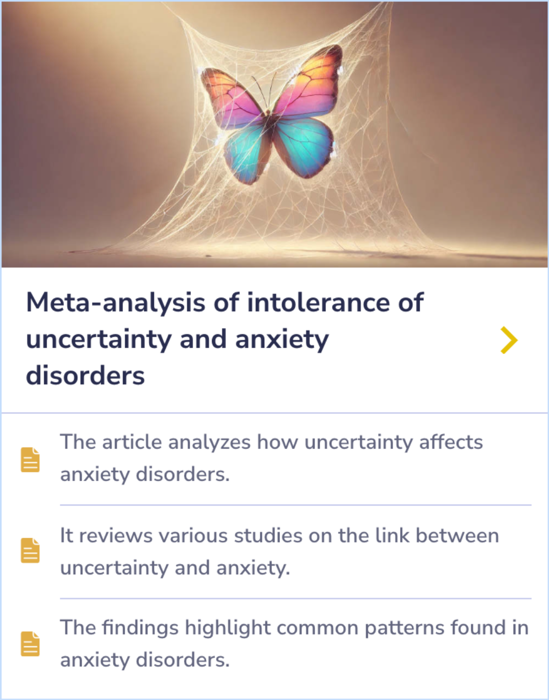 Summary Card exploring the connection between uncertainty and anxiety disorders based on a review of studies.